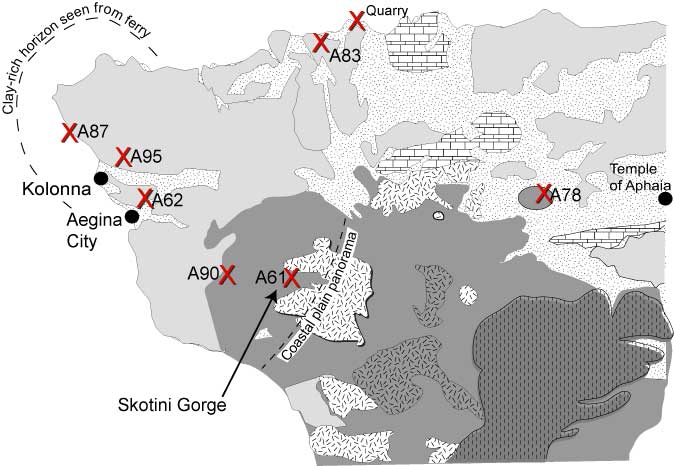 Aegina map showing research sites